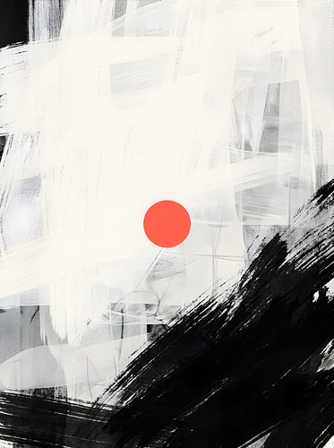Red circle in black-and-white brushwork