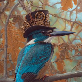 Martin-pêcheur steampunk dans les branches d'automne sur But First Framing