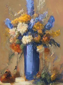 Blauwe vaas met bloemen van Nop Briex