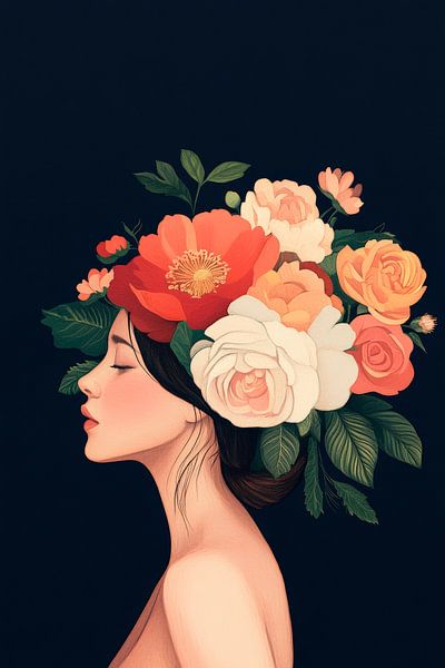 Woman with floral head crown - Elegant and colourful by Poster Art Shop