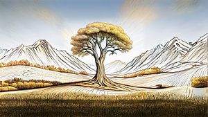 De eenzame boom in het berglandschap