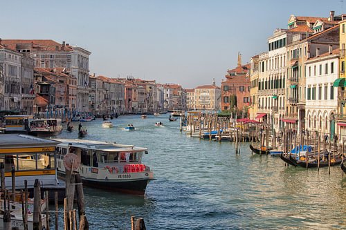 A view of the bustling Grand Canal in Venice.