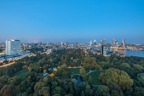 Het stadsgezicht vanaf de Euromast in Rotterdam tijdens het blauw uurtje