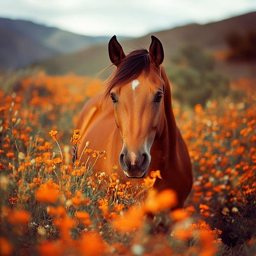 Paard in een bloeiende wei