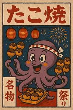 Takoyaki festival with cheerful octopus - Retro Japan illustration