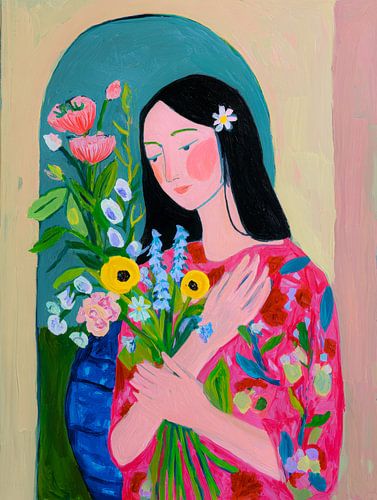 Femme en robe rose à fleurs avec un bouquet d'été devant une arche colorée