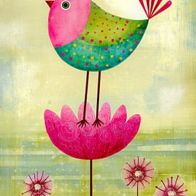 Fröhlicher Vogel auf einer rosa Blume von But First Framing