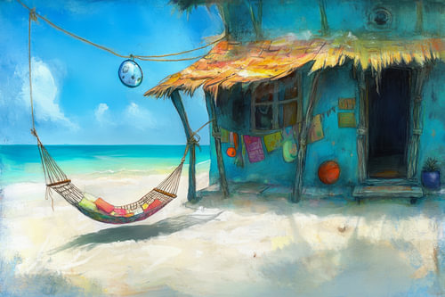 Colourful painting of a beach with a hut and a hammock
