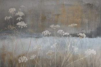 Abstract landscape with large umbel flowers in Japandi style.