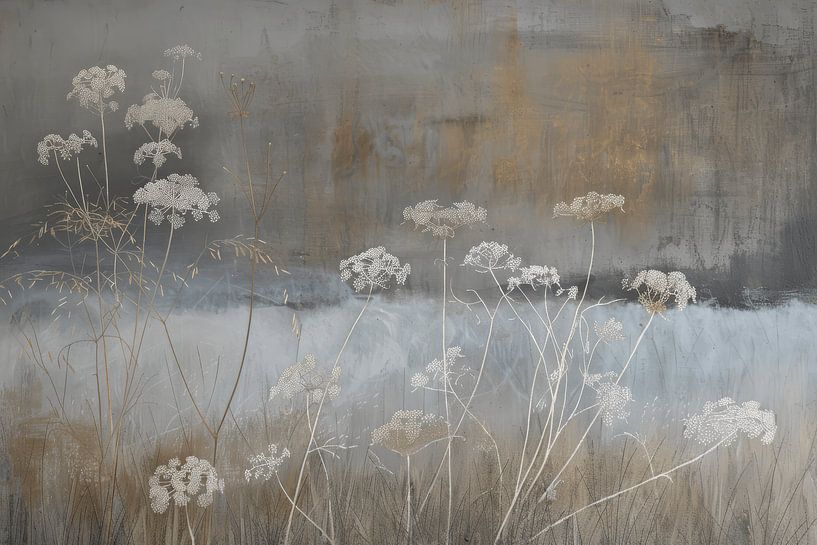 Abstract landscape with large umbel flowers in Japandi style. by Japandi Art Studio