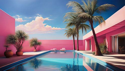 Pink house with palm pool