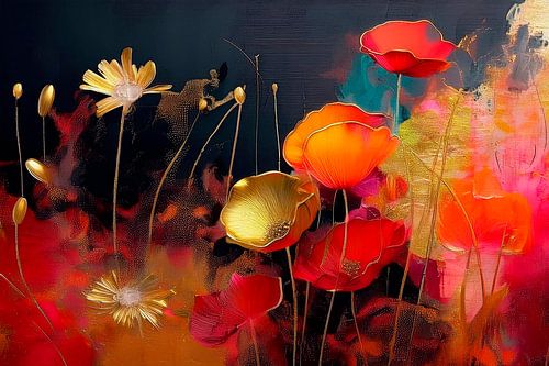 Modern abstract.  Klaprozen in intens rood en goud