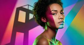 Femme dans une lumière colorée et dynamique avec des ombres géométriques sur Markus Gann