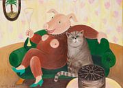 Vrouwelijk varken met kat op de bank van Dorothea Linke thumbnail