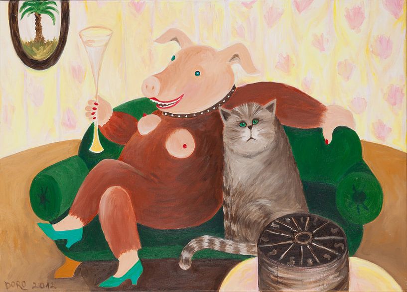 Female pig with cat on the sofa by Dorothea Linke