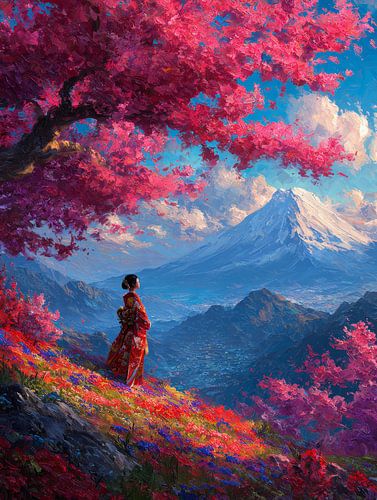 olieverf schilderij Geisha in Japans landschap