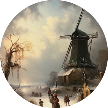 Hollands winterlandschap schilderij met molen van Preet Lambon