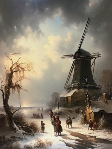 Hollands winterlandschap schilderij met molen