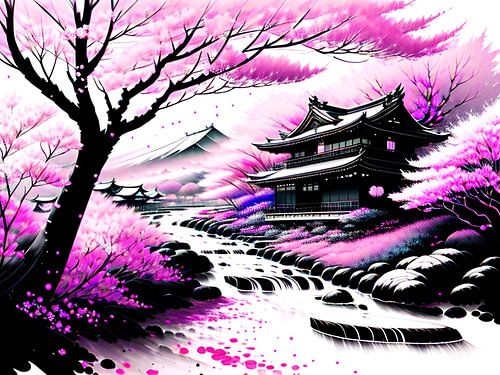 Mystieke tempel onder bloeiende kersenbloesems