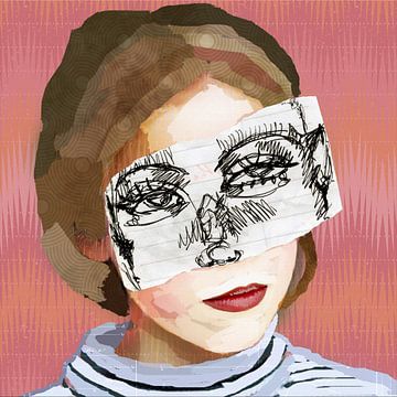 Abstract modern portret van een meisje in retro pastel roze, bruin, blauw met geometrische patronen van Dina Dankers