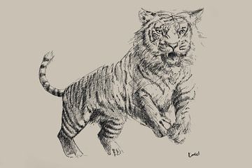 Pencil drawing of a tiger with taupe background by Emiel de Lange