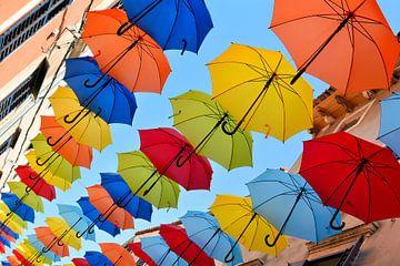 Paraplu's als decoratie of kunstwerk boven een steegje in de oude stad Novigrad
