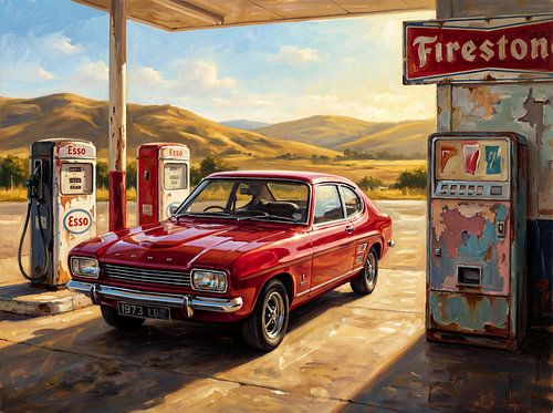Vintage Ford Capri-tankstation schilderij