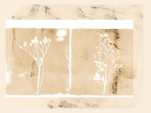 Art botanique abstrait minimaliste dans des tons ocre et blanc. Plantes. sur Dina Dankers
