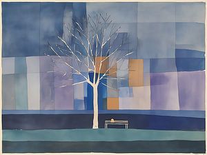 Paysage abstrait avec un pommier et un banc