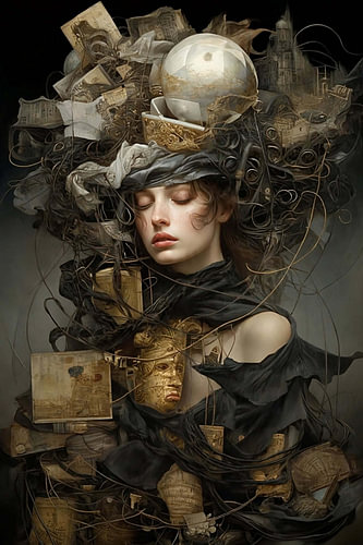 Surreal Woman Portrait with Intricate Objects and Spheres