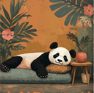 Ein Pandabär, der auf einem Kissen liegt.