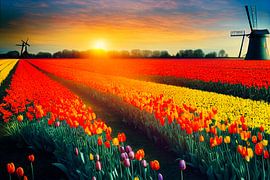 Alte Windmühle in einem Tulpenfeld in Holland Illustration