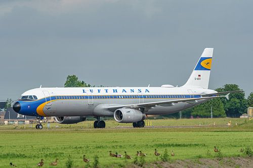 Lufthansa Airbus A321 in Retro-Farben besucht den Flughafen Schiphol.
