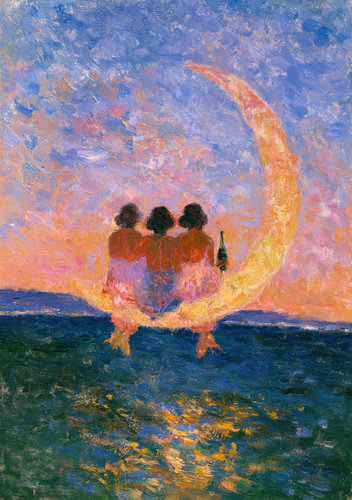 Moonlit Night by the Sea – Three Women on a Crescent Moon