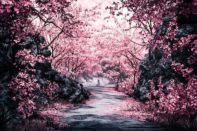 Roze bloesembomen langs een pad van Art & Soul Creations
