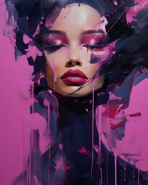 Modern abstract portret in paars en roze van Carla Van Iersel