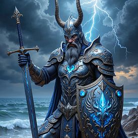 THALDRYN – Ein gewaltiger Wikinger kniet demütig am sturmgepeitschten Strand von INFERAURUM