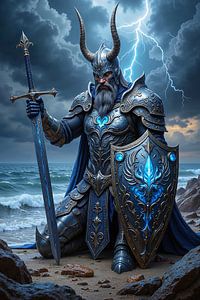 Dark Fantasy Wandbild: THALDRYN – Ein gewaltiger Wikinger kniet demütig am sturmgepeitschten Strand