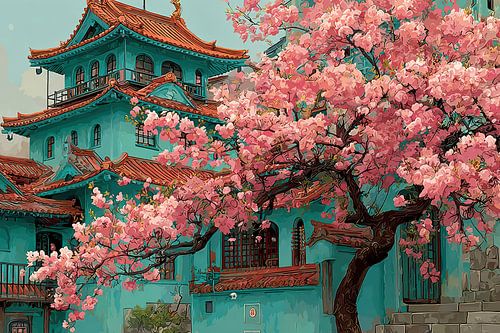 schilderachtige japanse kunst  bliesem in tuin met tempel