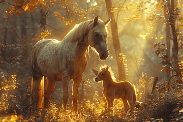Morgenlicht Zauber - Appaloosa mare with foal in the glamour of the forest by Poster Art Shop