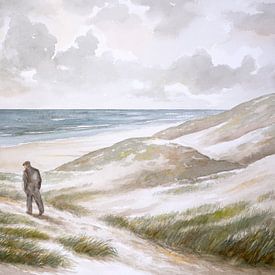 Wandelaar in de duinen langs de Nederlandse noordzeekust - aquarel op papier van Galerie Ringoot