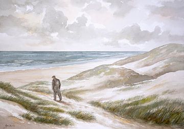 Wandelaar in de duinen langs de Nederlandse Noordzee kust - aquarel op papier