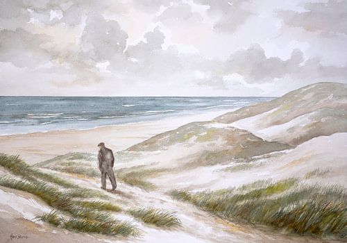 Spaziergänger in den Dünen an der niederländischen Nordseeküste - Aquarell auf Papier