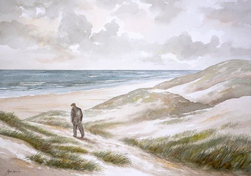 Wandelaar in de duinen langs de Nederlandse noordzeekust - aquarel op papier