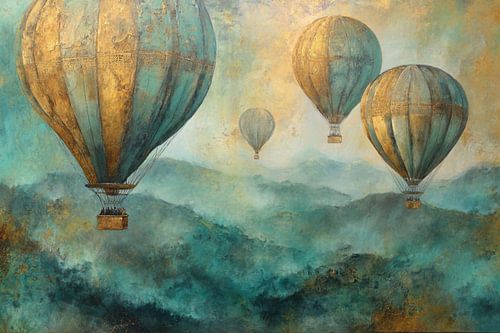 Hot air balloon over mountains - Dreamy painting