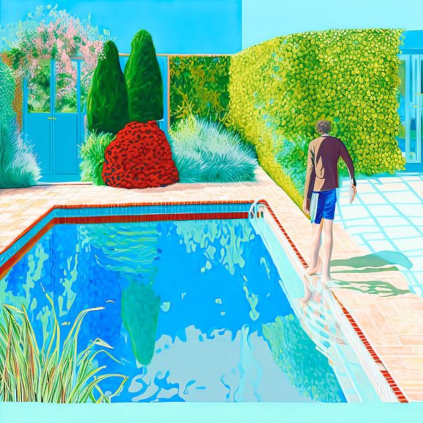 Man by pool in summer garden by Vlindertuin Art