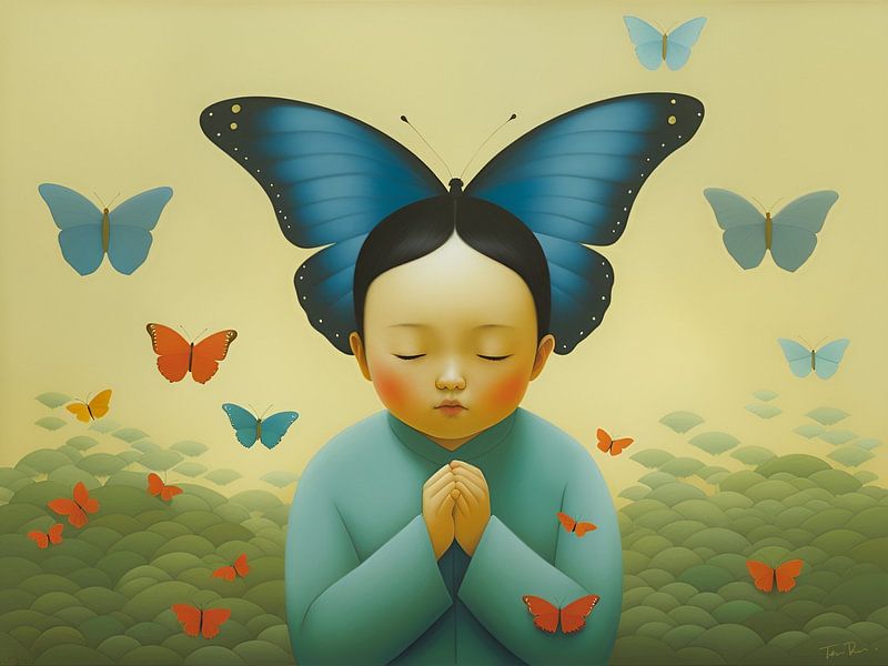 Kleines Mädchen mit blauem Schmetterling von Waterside Studio