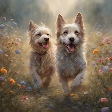 Kromfohrlander hond spelend in een bloemenveld van Johanna's Art