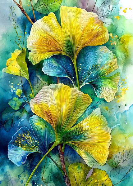 Painterly florals Evergreen Ginkgo Biloba 4 by JBJart Justyna Jaszke