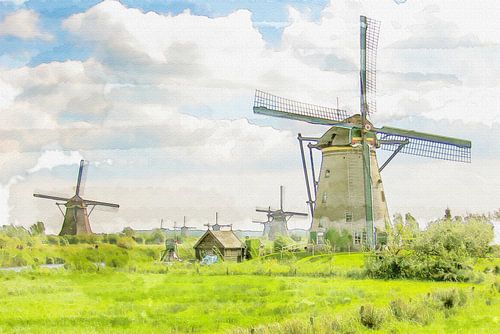 Molens Kinderdijk aquarel